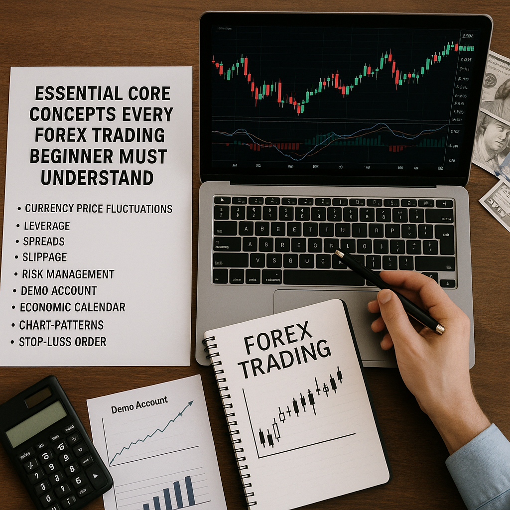 Forex trading basics shown on laptop charts and study materials.
